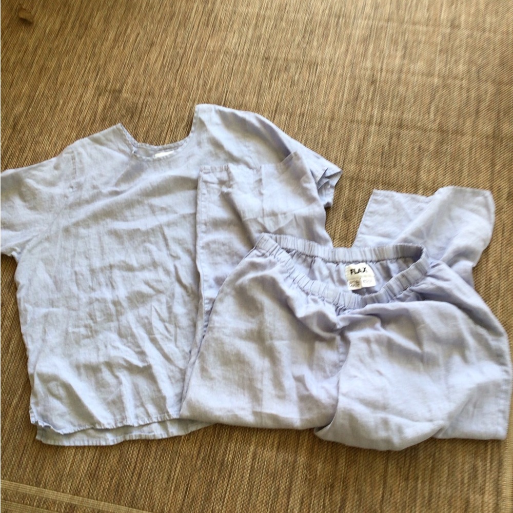 FLAX 2 piece top and wide leg cropped pants sz L powder/baby blue 100% linen - Picture 2 of 3